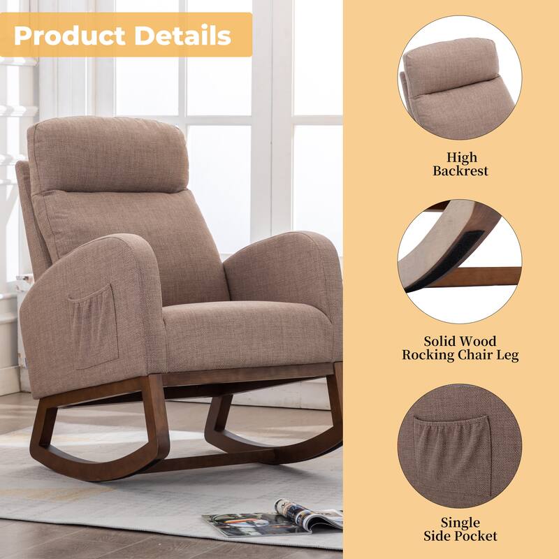 GDFStudio - Amelia Linen Upholstered Rocking Chair with Spacious Seat and Tall Back Design