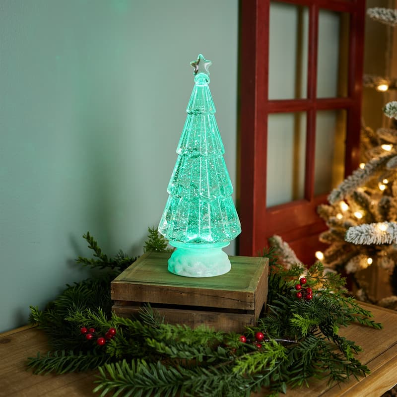 LED Lighted Glittered Christmas Tree Decoration - 12" - Green Lights