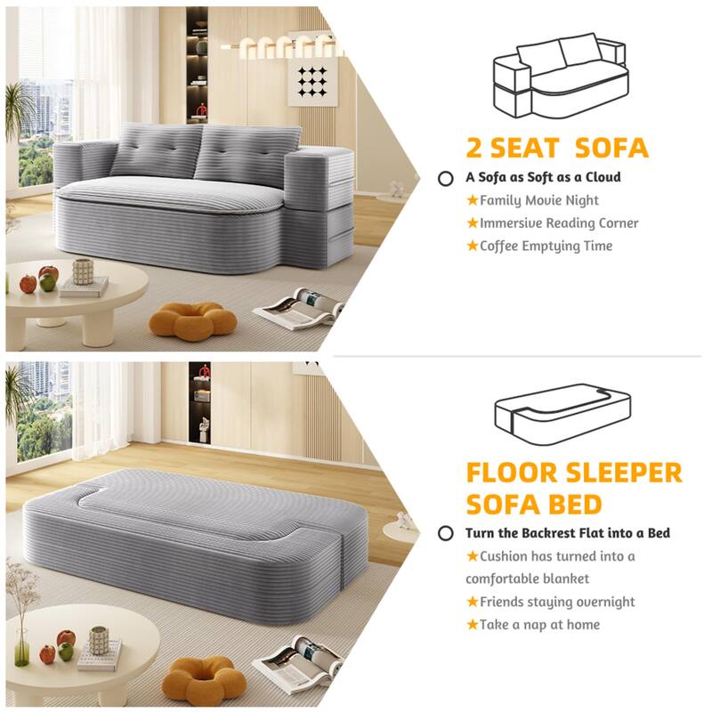 78.7 Inch Convertible Floor Sofa Bed, Plush Corduroy Sleeper Couch with Blanket and 2 Pillows, Deep Seat