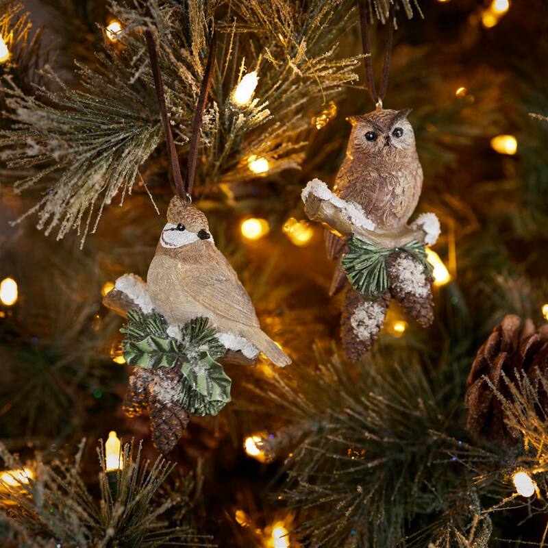 Set of 12 Cardinal and Owl Ornaments with Snow Pine Details - 4” x 3” x 3”