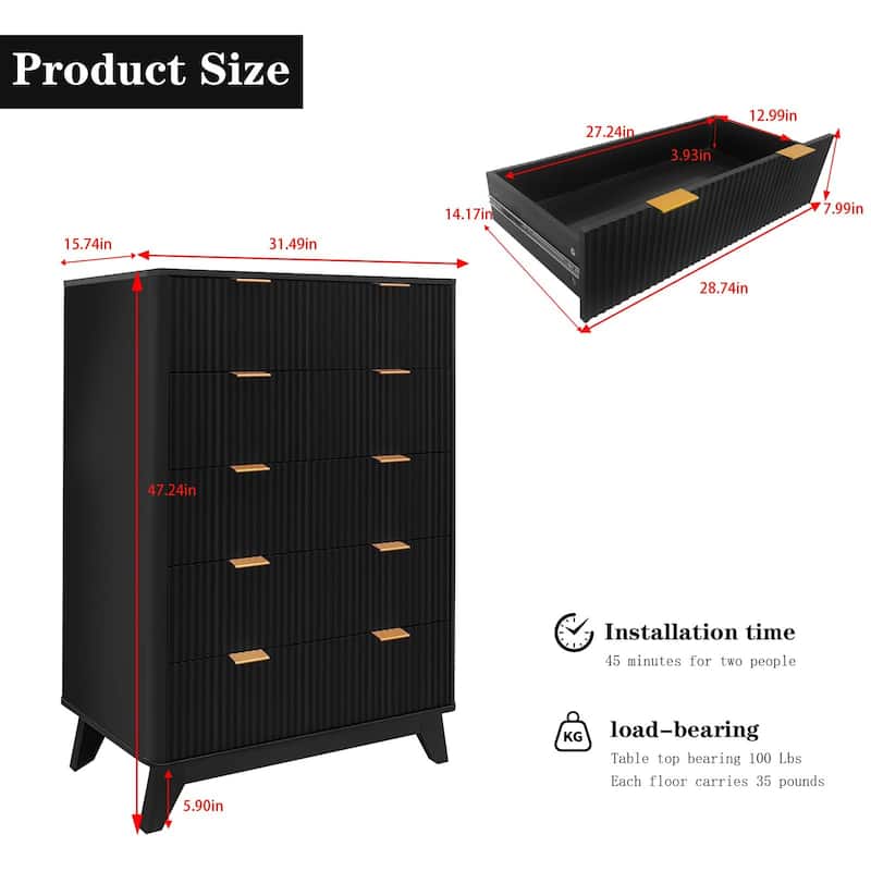 5 Drawer Fluted Dresser, 48" Tall Modern Wood Storage Chest