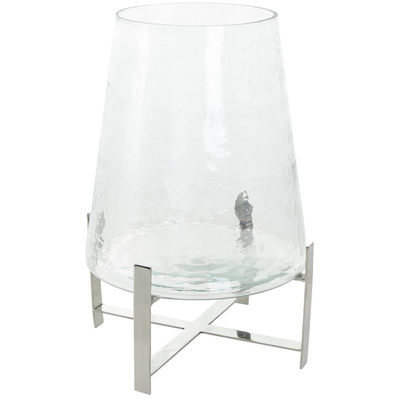 Clear Stainless Steel Metal Hurricane Lamp with Stainless Steel X Shaped Base