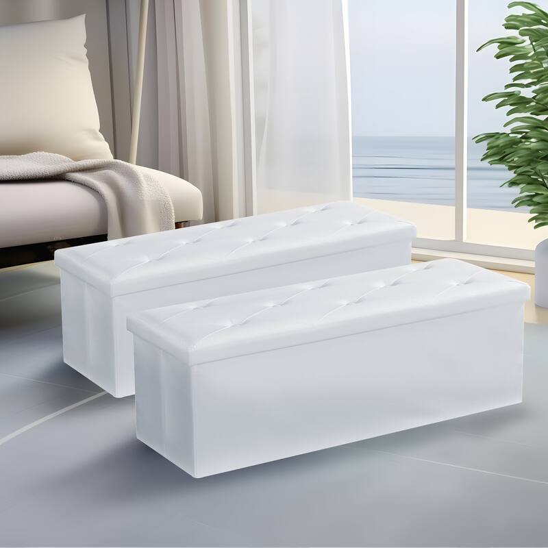 2 PC Storage Folding Ottoman, Storage Footrest Stool, Faux Leather Storage Bench Cube with Padded Seat for Small Space