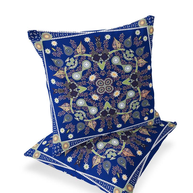 HomeRoots Set of Two 16" X 16" Blue and Green Blown Seam Paisley Indoor Outdoor Throw Pillow - 16.00' X '16.00' X '5.00