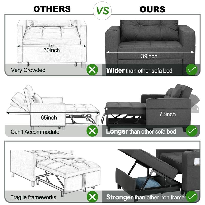 Pull Out Sofa Couch Bed Convertible Sleeper Sofa Bed with Storage Chaise, Sofa Couch