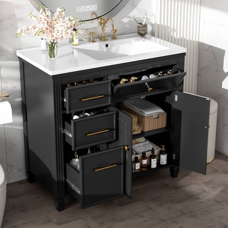 36" Bathroom Vanity - Tip-Out Drawer + 3 Side Drawers, Ceramic Sink, Adjustable Shelf - Black