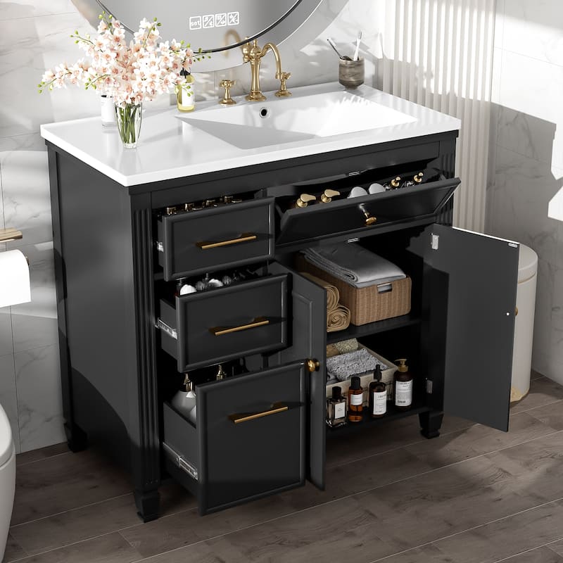 36" Bathroom Vanity with Sink, Ceramic Sink, One Tip-out Drawer, 3 Side Drawers, Adjustable Shelf - Black