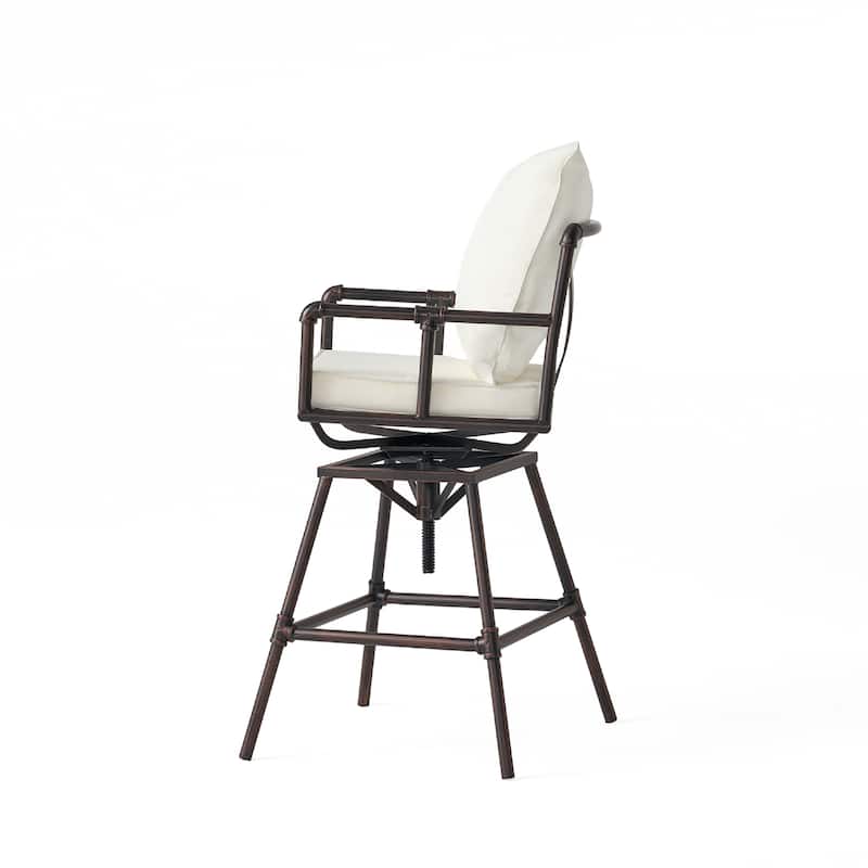 Outdoor Swivel Barstool Chair, Plush White Cushion, Rustic Bronze Iron