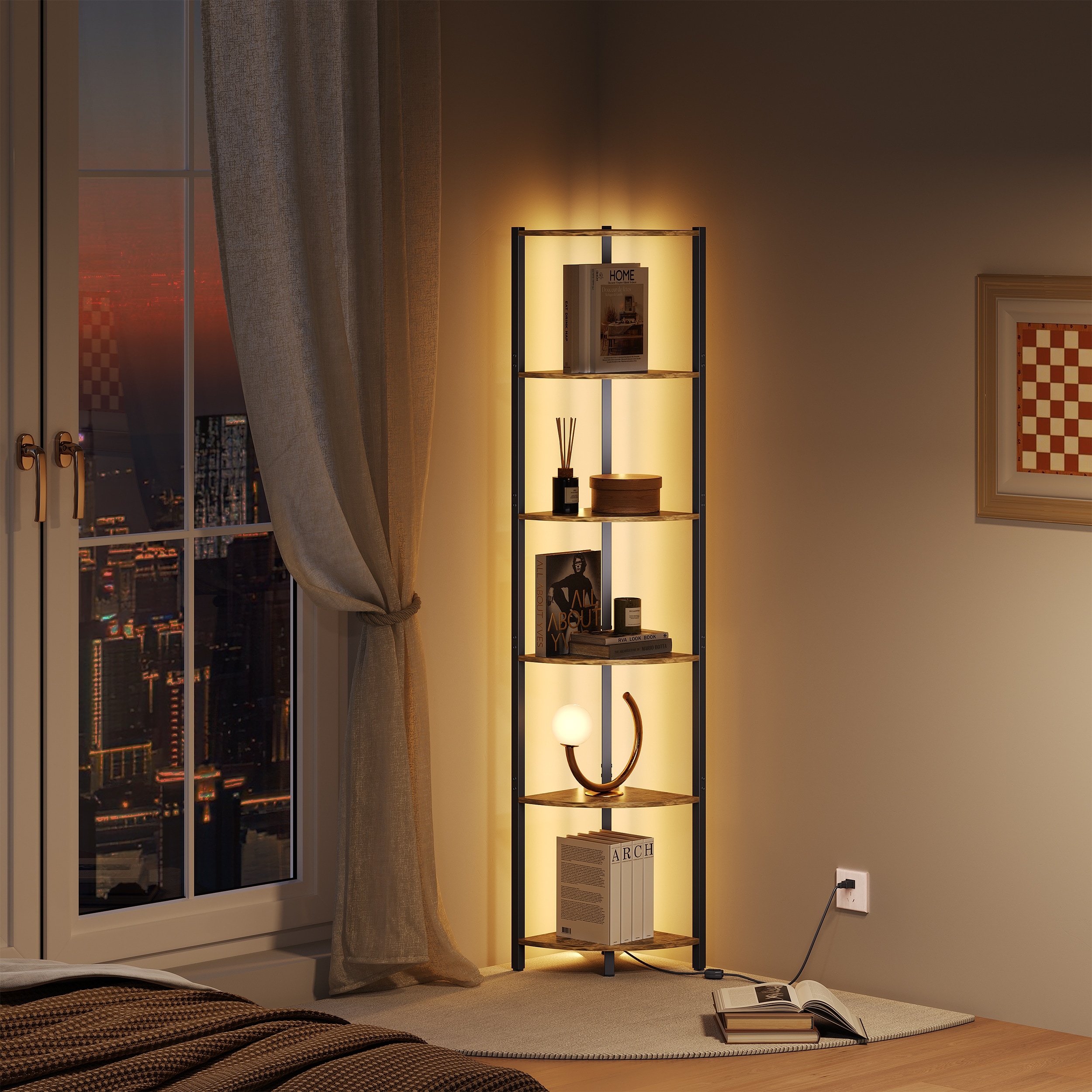 Danya B Free-Standing 5-Tier Pyramid Corner Shelf in Black Metal with White MDF Shelves, image size:2500x2500