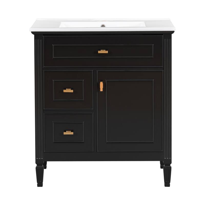 GDFStudio - Avalon 30-Inch Freestanding Bathroom Vanity with Ceramic Sink, Flip Drawer, Solid Wood & MDF Board