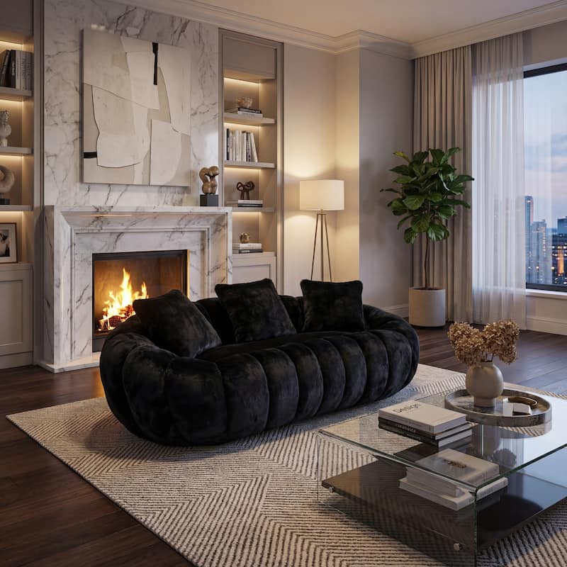 GDFStudio - Floral-Shaped 75.49" Faux Fur Loveseat Sofa with High-Density Foam - Black