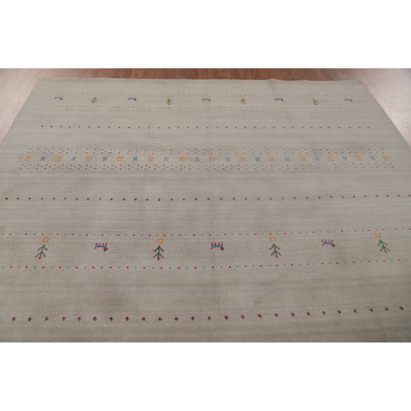 Tribal Gabbeh Area Rug Hand-Knotted Grey Wool Carpet - 7'11"x 9'7"