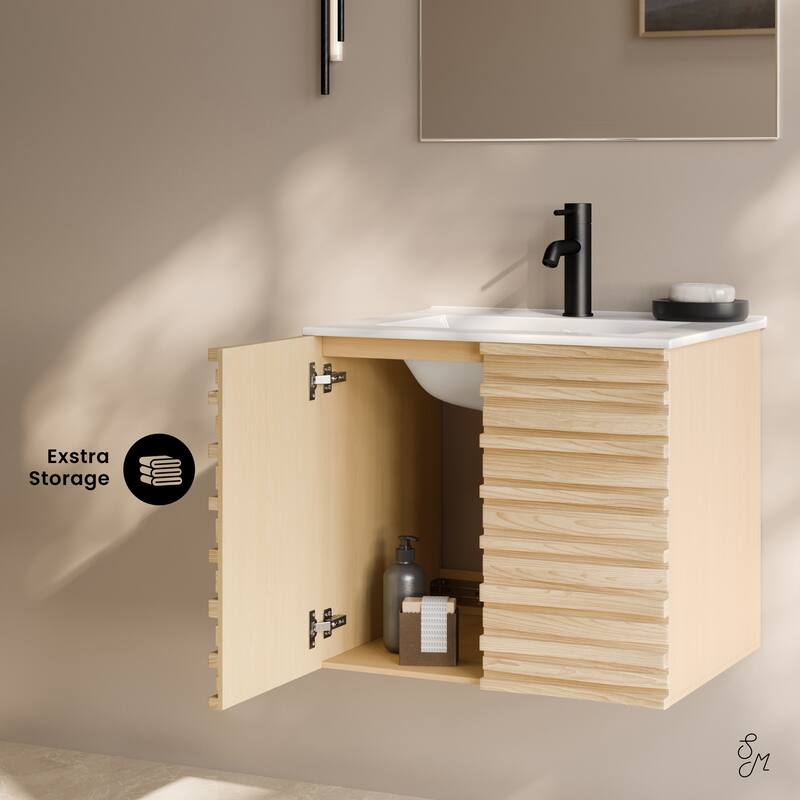 Cascade 24" Wall-Mounted Bathroom Vanity In Natural Oak With Sink Top - 24