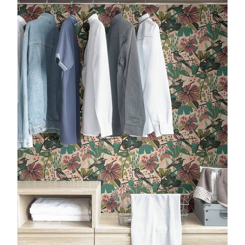 Pip & Lo Teal Pink Jaybird Peel & Stick Wallpaper