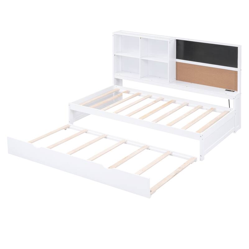 Full Size Wood Daybed with Storage Shelves, Blackboard, Cork Board, USB Charging Ports, and Trundle