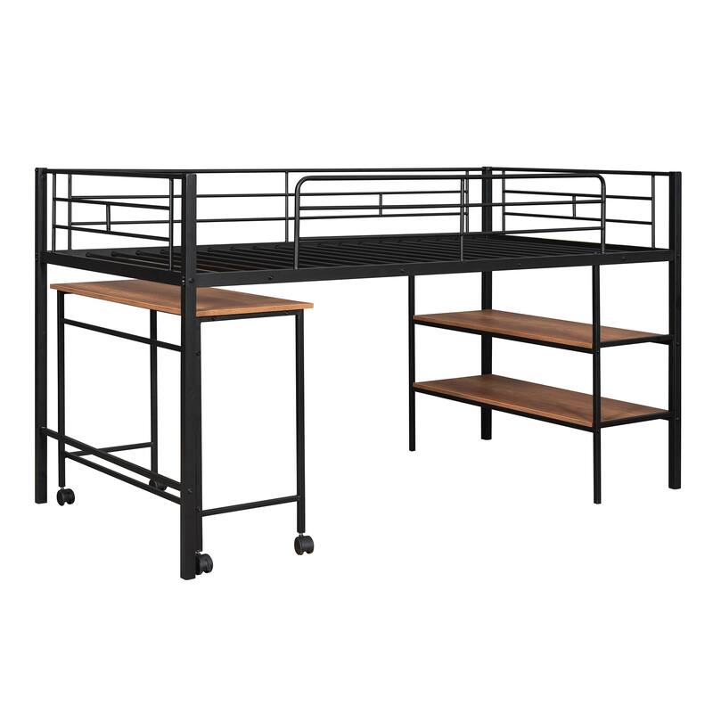 Twin Size Metal Loft Bed with Desk and Shelves in Black