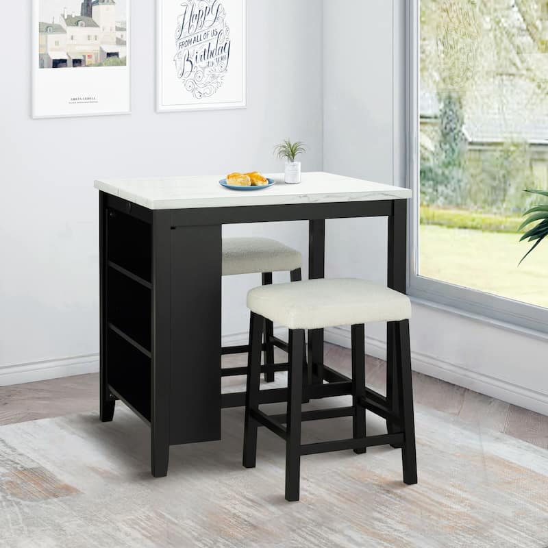Black Bar Table and Chairs Tall Kitchen Breakfast Nook with Stools, Storage Shelves