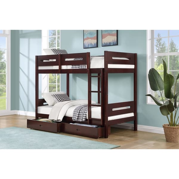 slide 2 of 4, Espresso Twin over Twin Size Solid Wood Bunk Bed with 2 Drawers Espresso