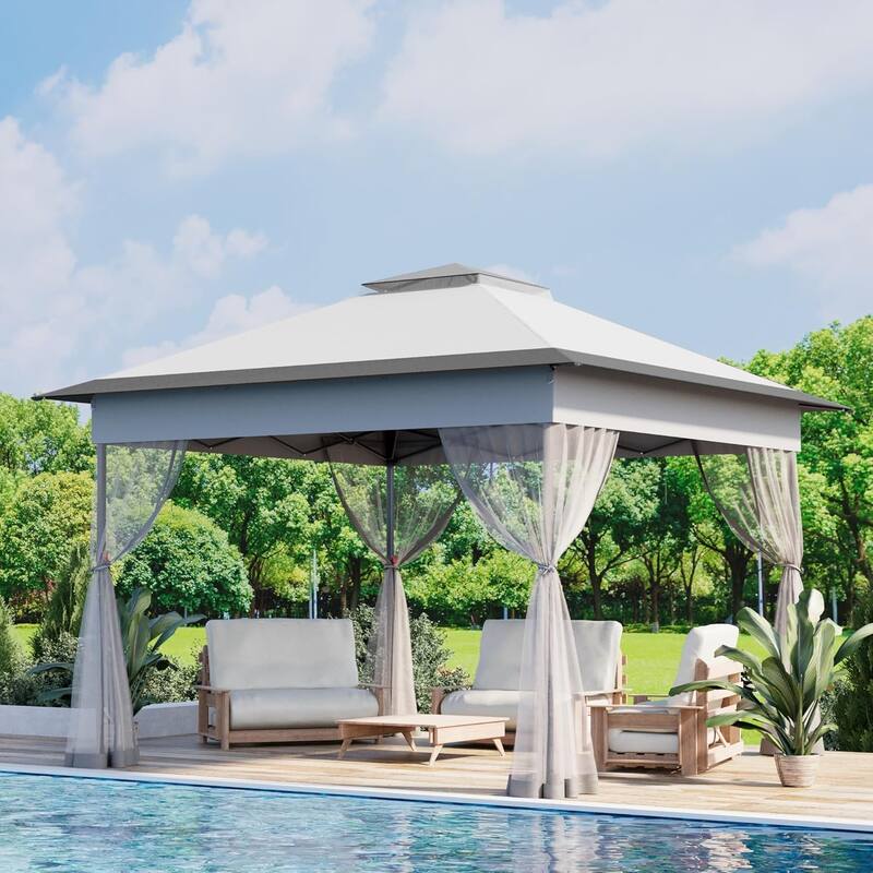 Bezseller 11' x 11' Pop -up Gazebo Tent with Mosquito Netting, Outoor Canopy Tent for Patio Garden Backyard Party - Silver