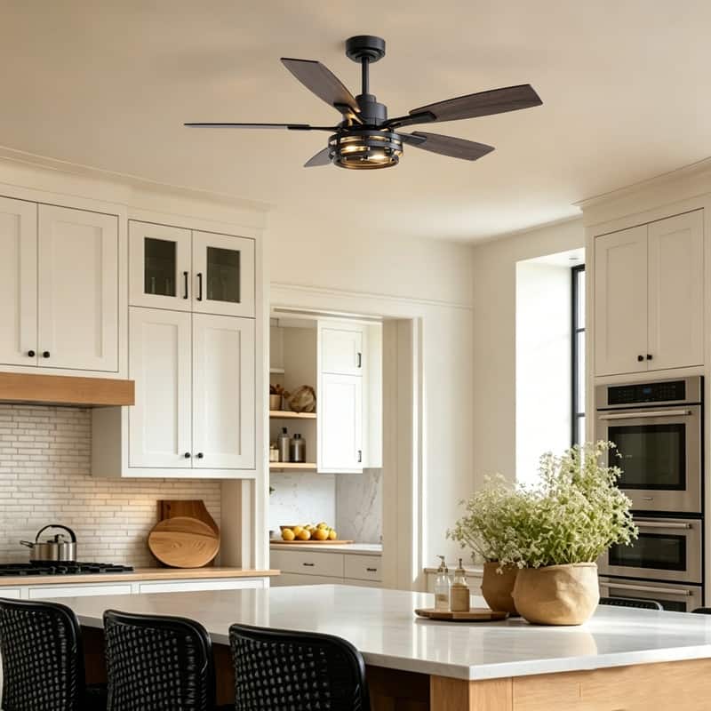 52Inch Farmhouse Black Caged Ceiling Fans With Light Modern Rustic Wood Grain Fandeliers For living room dining room - 52in.