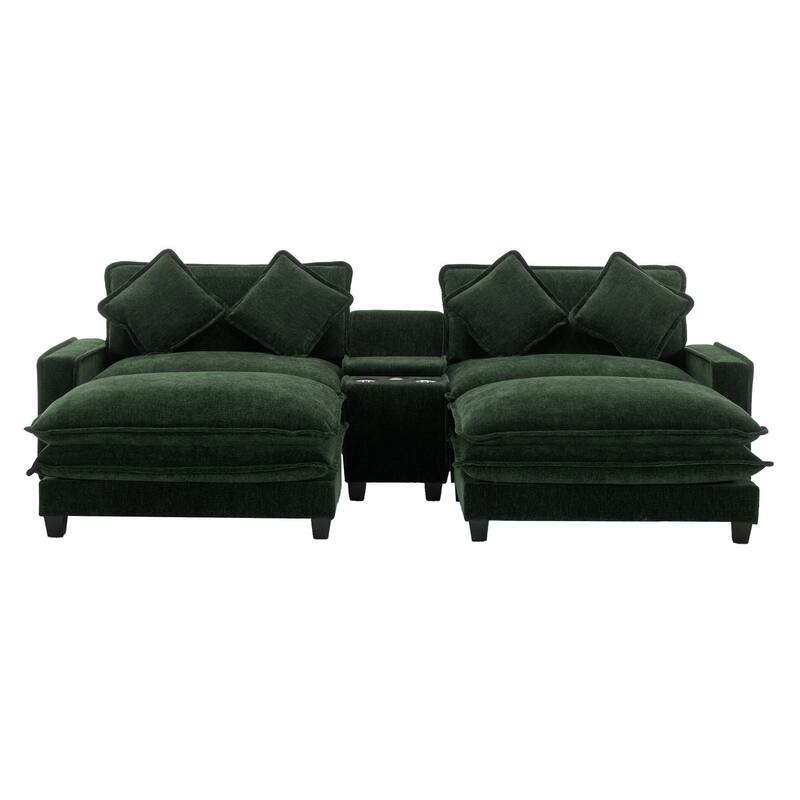 Roomfitters Chenille Sectional Sofa with 2 Ottomans, USB Ports, Cup Holders and Storage Box for Living Room