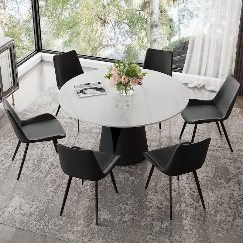 Modern Round White Dining Table，Sintered Stone Tabletop, Solid Black Carbon Steel Base