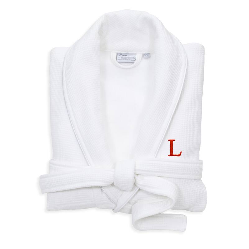 Authentic Hotel and Spa White Unisex Turkish Cotton Waffle Weave Terry Bath Robe with Red Block Monogram - S/M - L