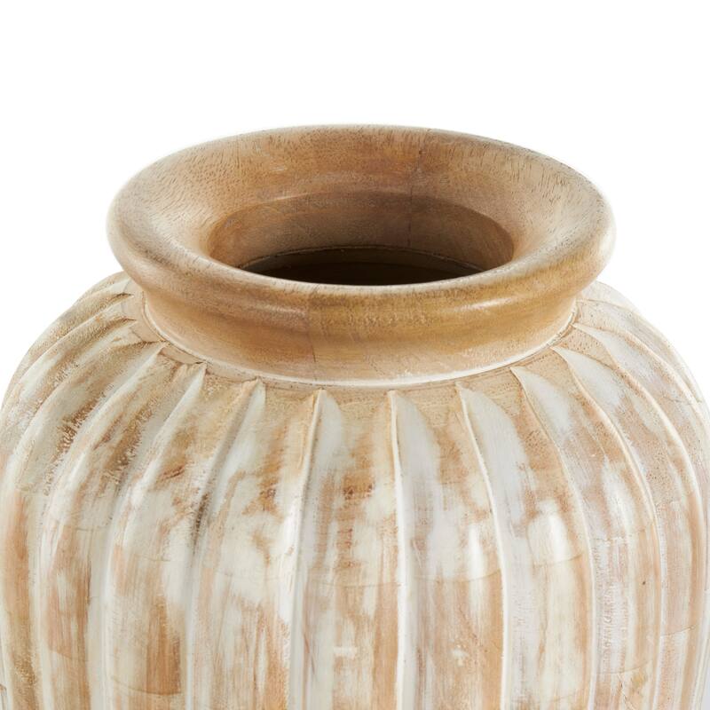 Light Brown Mango Wood Distressed Decorative Vase with Carved Ridges