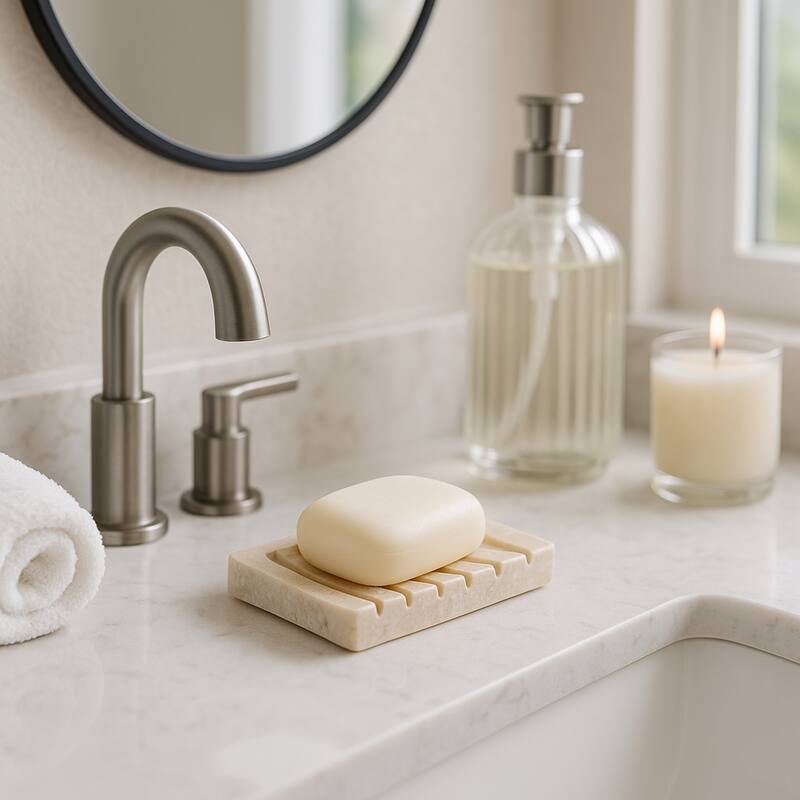 Creative Home Natural Champagne Marble Rectangular Soap Tray Soap Holder with Drainage Grooves - Beige