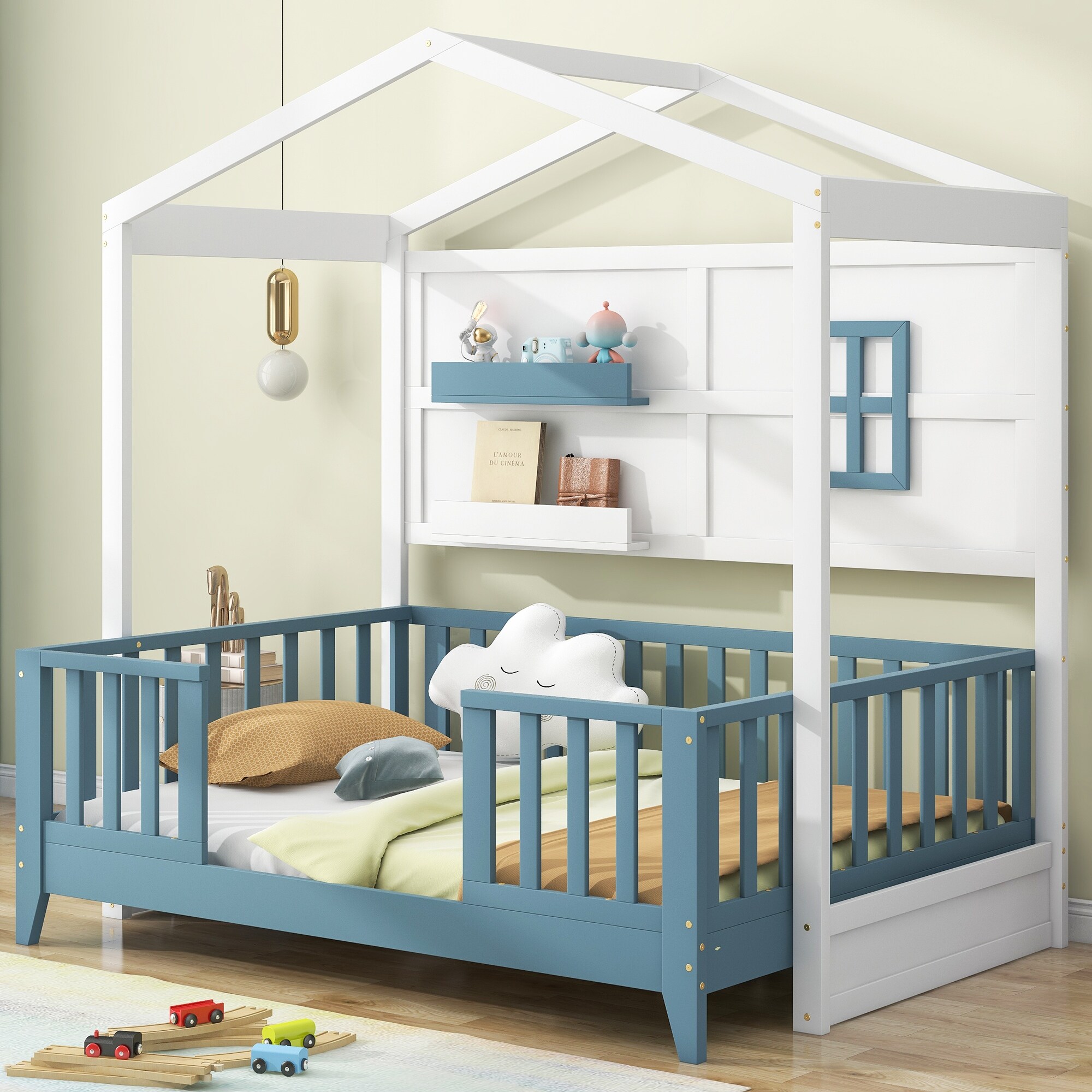 Twin House Bed with Fence Rails 2 Shelves Wood Montessori Bed for Kids Floor Bed Frame w Rails Roof for Girls Boys White