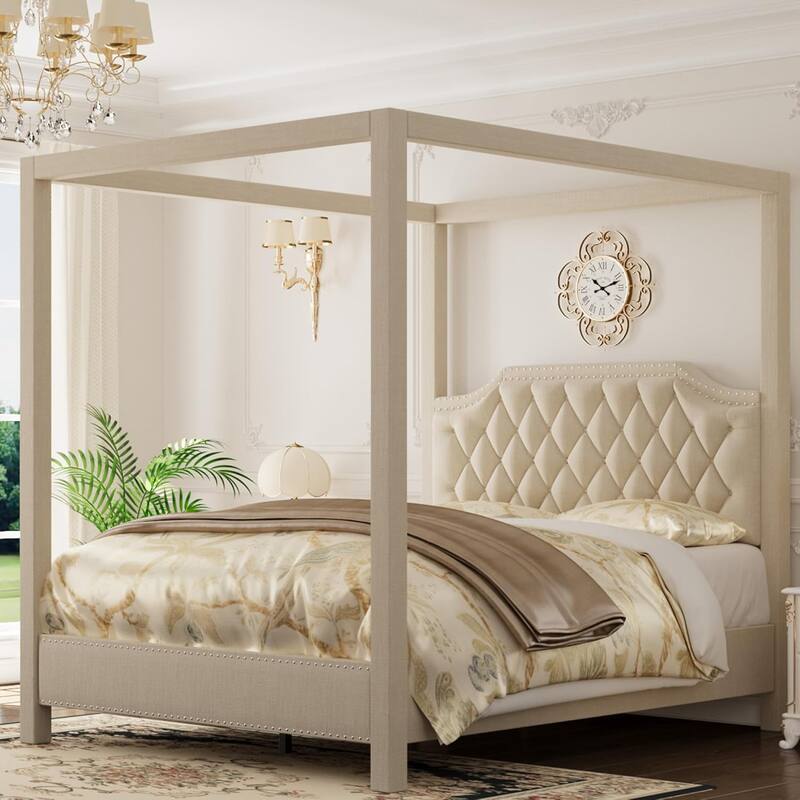 Canopy Platform Bed with Tufted Upholstered Headboard, Four-Poster Frame & Slide Rail, No Box Spring Needed