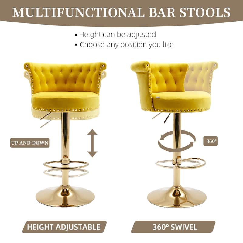 Velvet Upholstered Tufted Nailheads Swivel Adjustable Height Bar Stools With Golden Footrest(set of 2)