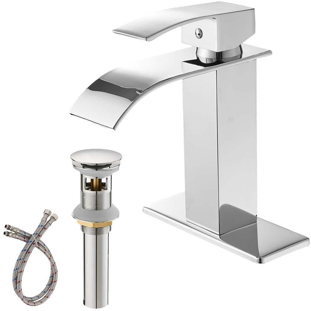 Waterfall Bathroom Faucet With Drain Assembly Single Handle Bathroom Sink Faucets 1 Hole Vanity Basin Modern Tap With Deck Plate