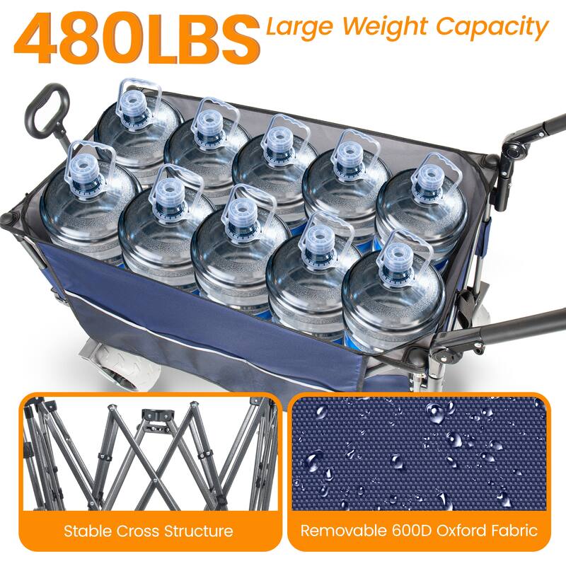 Multi-Functional Push-Pull Folding Wagon Cart with Rotating Handle & Canopy, 9"x4" Beach Tires, 300L Large Capacity