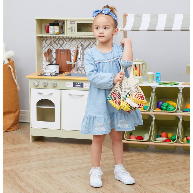 Teamson Kids - Little Chef Frankfurt Wooden Cutting food play kitchen accessories with filet net bag
