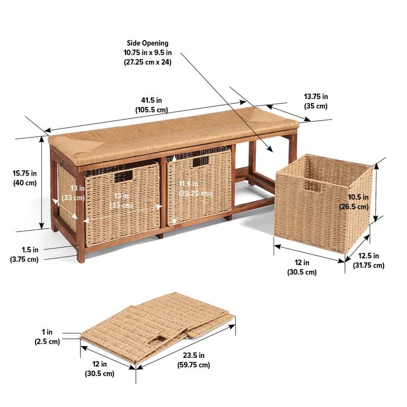 Badger Basket Kid's Storage Bench with Woven Top and Baskets - 41.5" x 13.75" x 15.75"