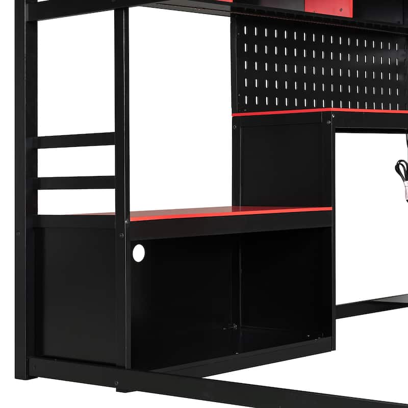 Gaming Loft Bed Full Size Wood Loft Bed with Pegboard PC Desk Computer Case Stand Charging Station LED Lights for Gamers