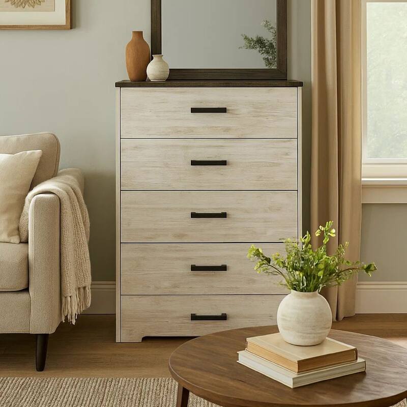 Wisp 46 Inch Tall Dresser Chest, 5 Drawers, Rustic Smooth White Finish