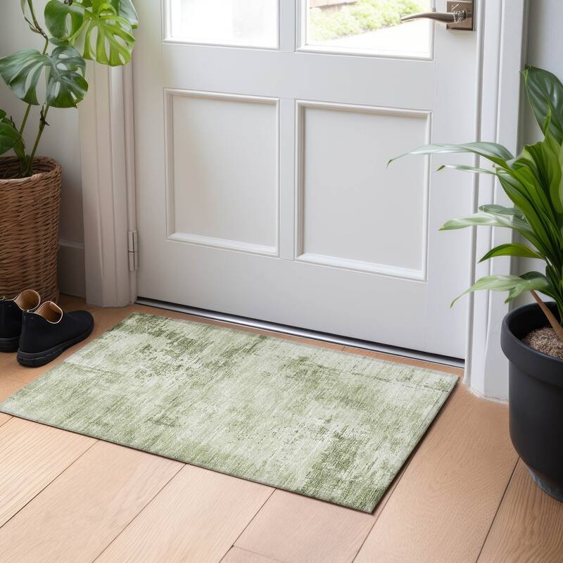 Machine Washable Indoor/ Outdoor Abstract Modern Chantille Rug - Olive - 1'8" x 2'6"