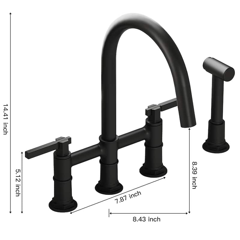 Modern Double Handle 4-Holes Deck Mount Bridge Kitchen Faucet in Black