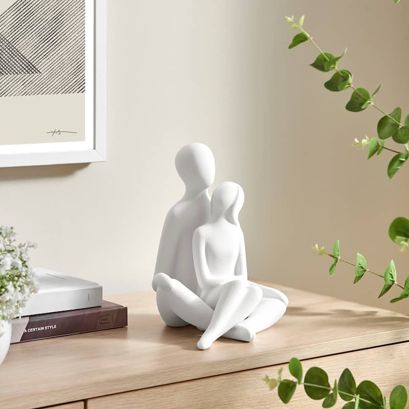 Hans White Abstract Sitting Couple Matte Ceramic Sculpture Set