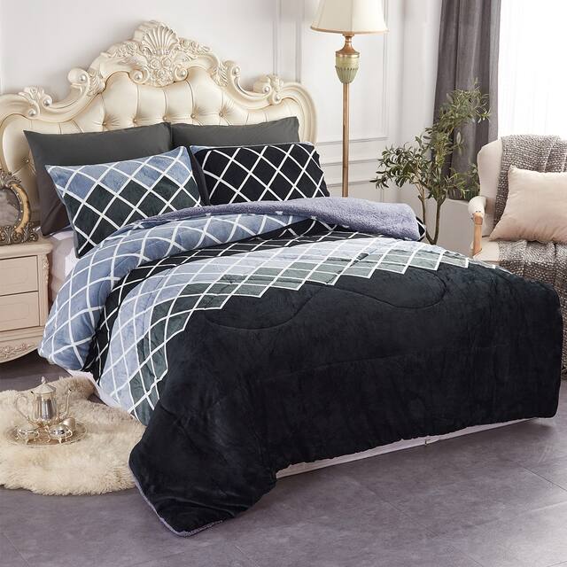 3-Piece Floral Printed Sherpa-Backing Reversible Comforter Set - Black Grey Diamond - King