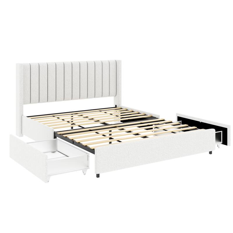Queen Size Ivory Boucle Upholstered Platform Bed with Tufted Headboard & 2 Under-Bed Storage Drawers, No Box Spring Required