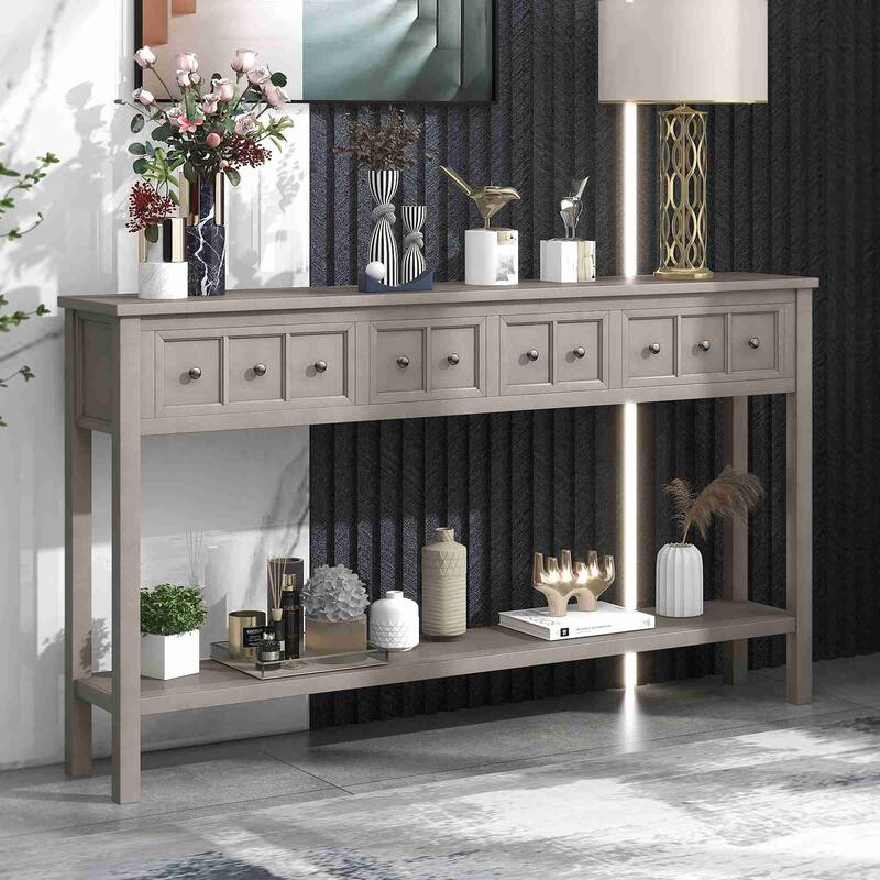 60"L Rustic Entryway Console Table, Long Sofa Table with Drawers and Bottom Shelf for Storage