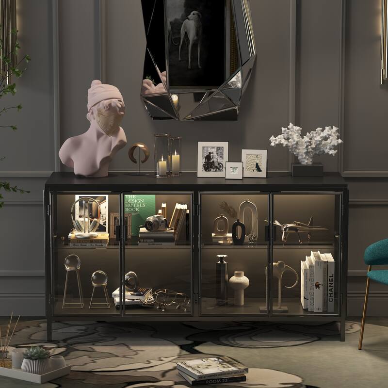 Display Storage Cabinet with Glass Shelves & Lighting Booshelf - 55.1"
