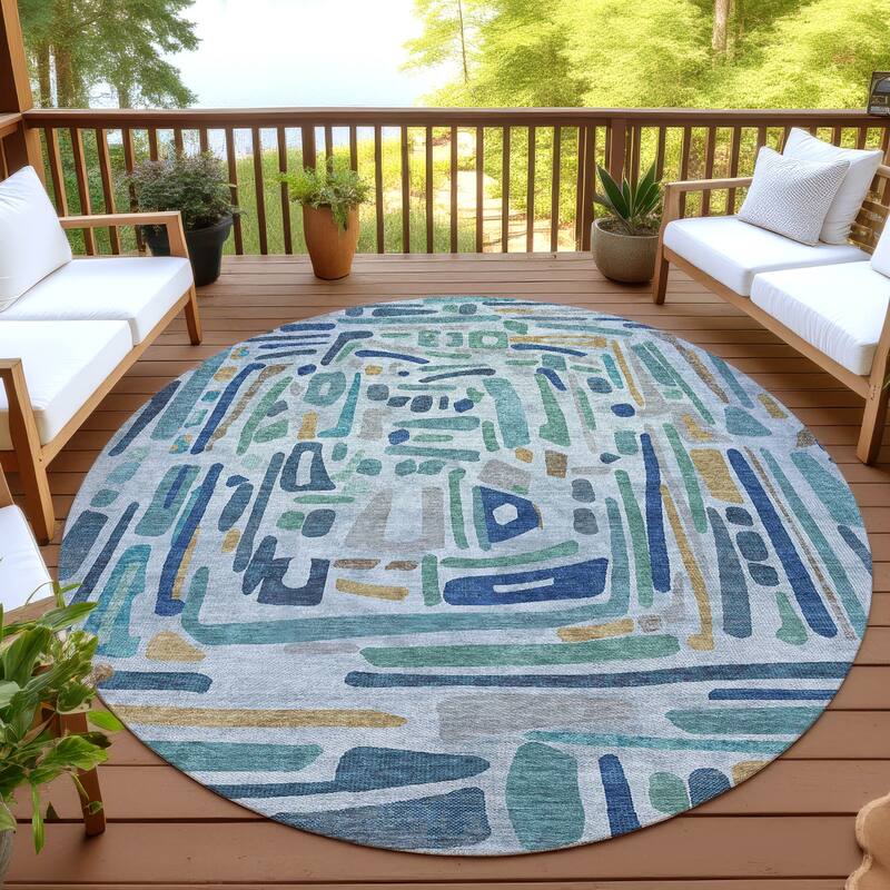 Machine Washable Indoor/ Outdoor Global Geo Chantille Rug - Teal - 8' x 8'
