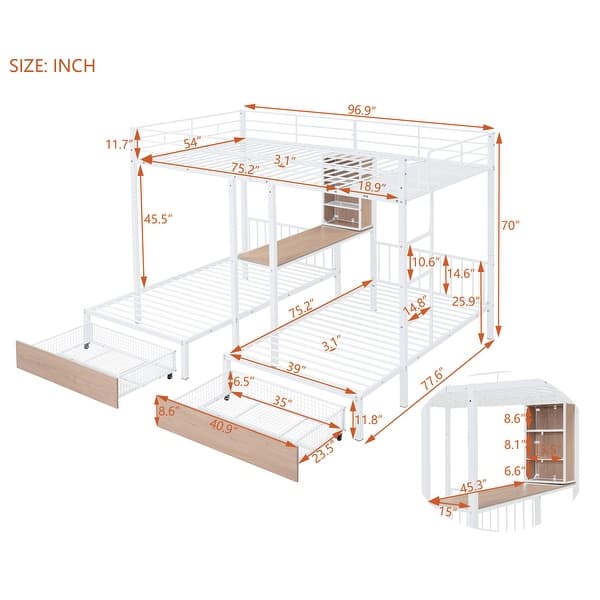 dimension image slide 0 of 2, Full Over Twin & Twin Triple Bunk Bed with Drawers, Multi-Functional Metal Frame Bed with Desks and Shelves in the Middle