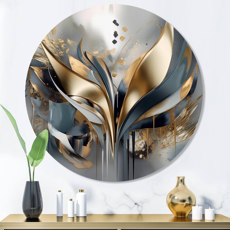 Designart "Abstract Shapes And Lines IV" Abstract Marble Metal Round Wall Art - 36x36 - Disc of 36 Inch