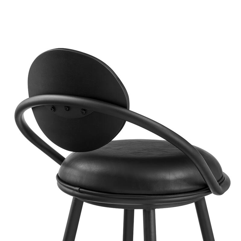 Carny Swivel Barstool Chair, Black Iron, Wood Back, Black Faux Leather