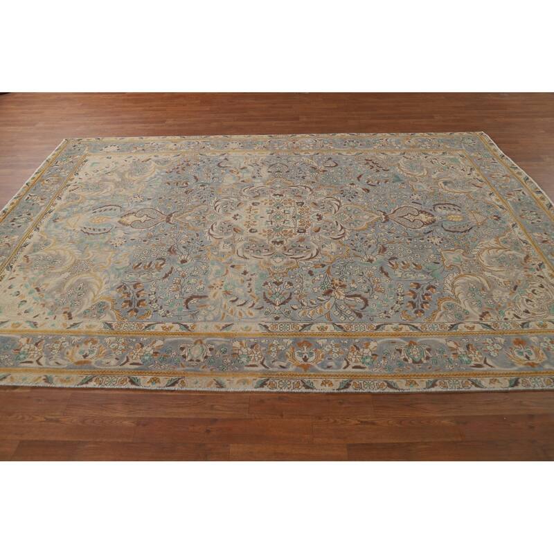 Blue Floral Tabriz Persian Rug Handmade Traditional Wool Carpet - 6'7"x 9'7"